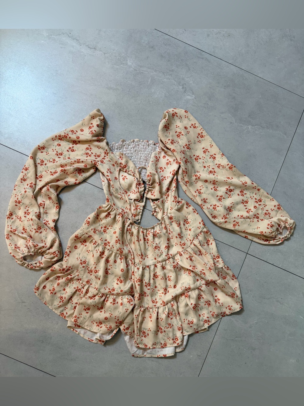 RESA Floral Smocked Puff Sleeve Mini Dress Cream Orange Floral